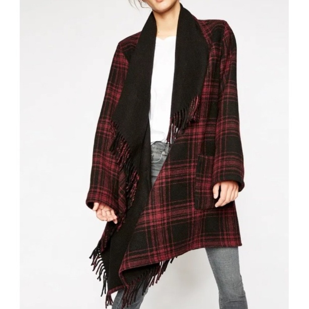 The Kooples Plaid Cardigan Cape Coat‎ Plaid Checkered Fringe One Size OS